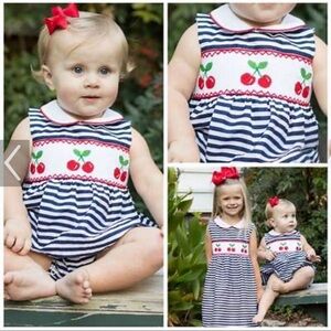 Smocked Striped Cherry Baby Bubble with Peter pan collar
